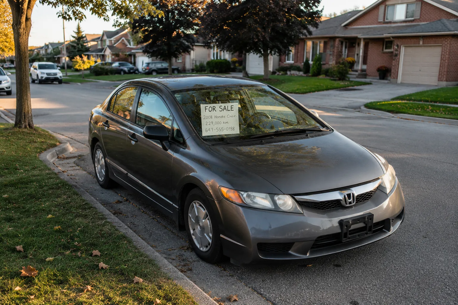 A car parked on a residential street with a for-sale sign in the window