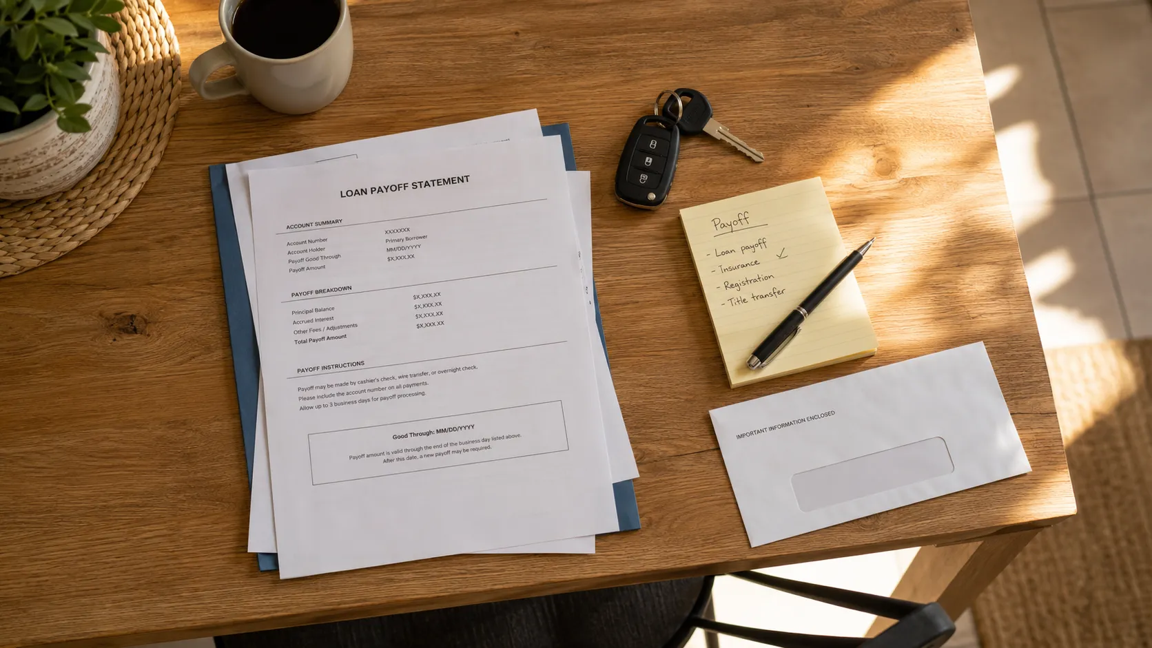 Loan paperwork and car keys on a kitchen table