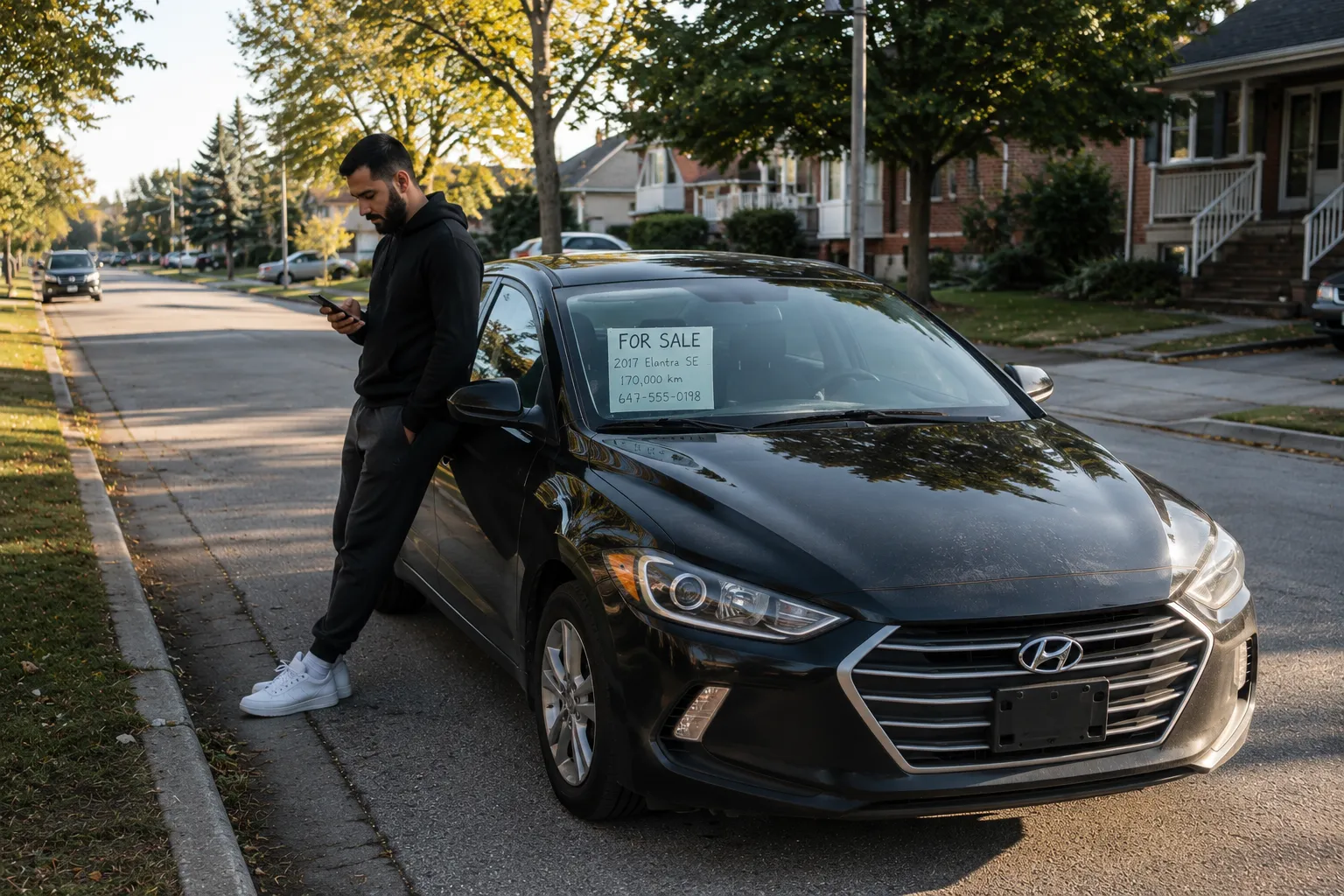 Seller checking their phone beside a parked car